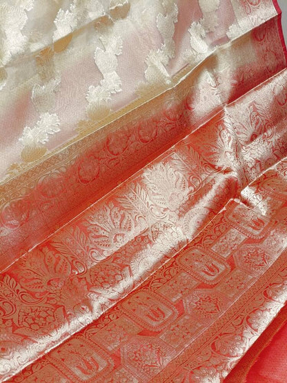 OFF WHITE LEHARIYA CONTRAST BORDER BANARASI ORGANZA SAREE