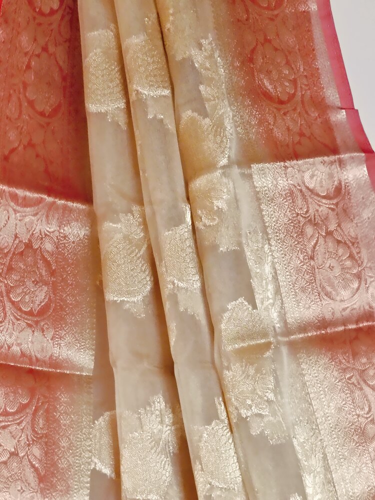 OFF WHITE LEHARIYA CONTRAST BORDER BANARASI ORGANZA SAREE