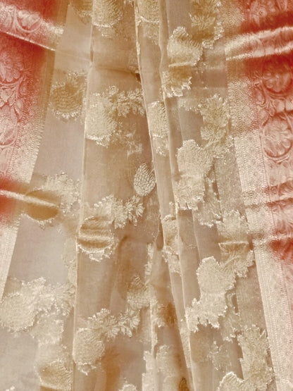 OFF WHITE LEHARIYA CONTRAST BORDER BANARASI ORGANZA SAREE