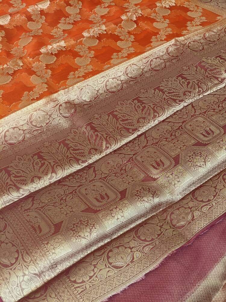 ORANGE LEHARIYA CONTRAST BORDER BANARASI ORGANZA SAREE