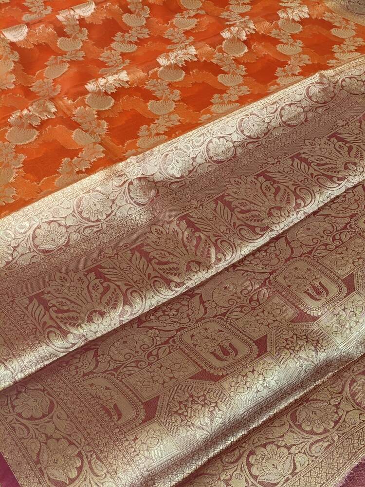 ORANGE LEHARIYA CONTRAST BORDER BANARASI ORGANZA SAREE