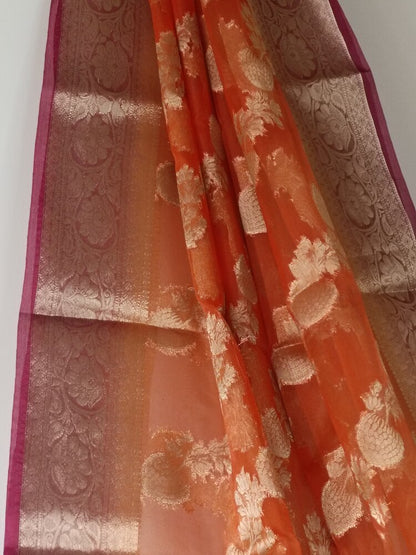 ORANGE LEHARIYA CONTRAST BORDER BANARASI ORGANZA SAREE