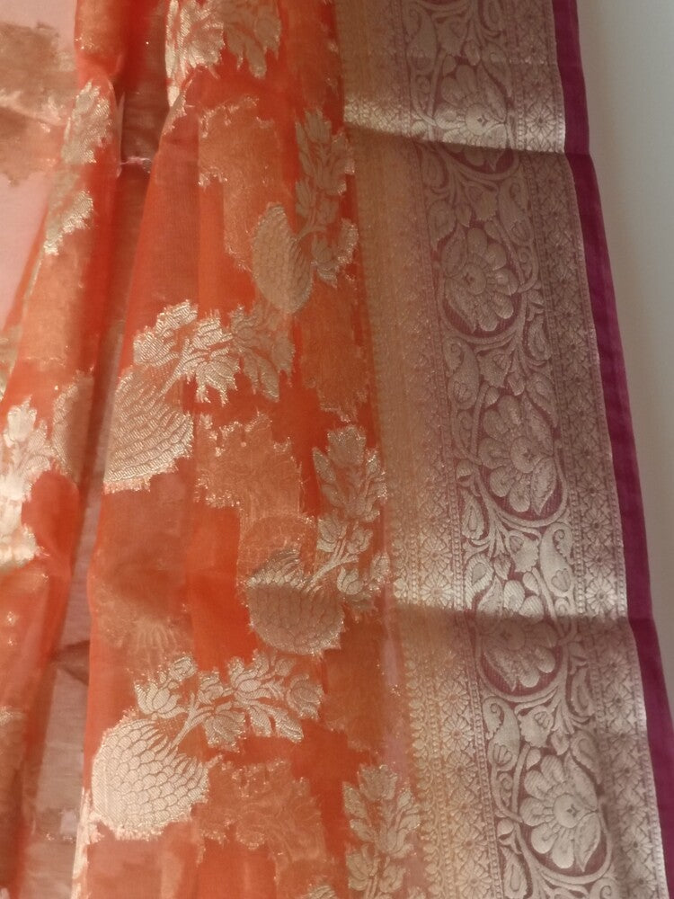 ORANGE LEHARIYA CONTRAST BORDER BANARASI ORGANZA SAREE