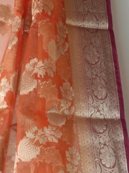 ORANGE LEHARIYA CONTRAST BORDER BANARASI ORGANZA SAREE