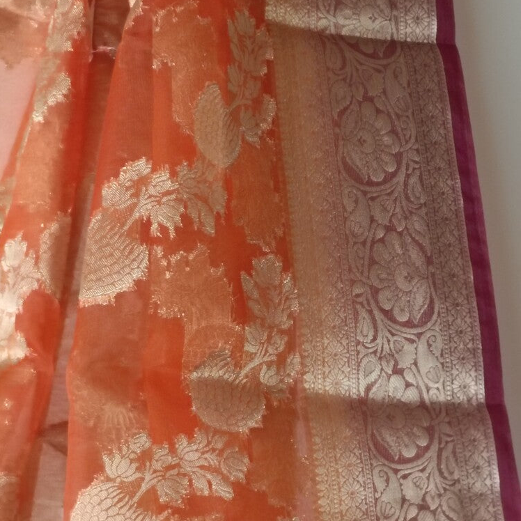 ORANGE LEHARIYA CONTRAST BORDER BANARASI ORGANZA SAREE