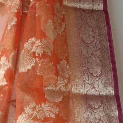 ORANGE LEHARIYA CONTRAST BORDER BANARASI ORGANZA SAREE