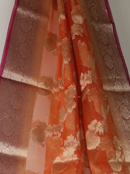 ORANGE LEHARIYA CONTRAST BORDER BANARASI ORGANZA SAREE