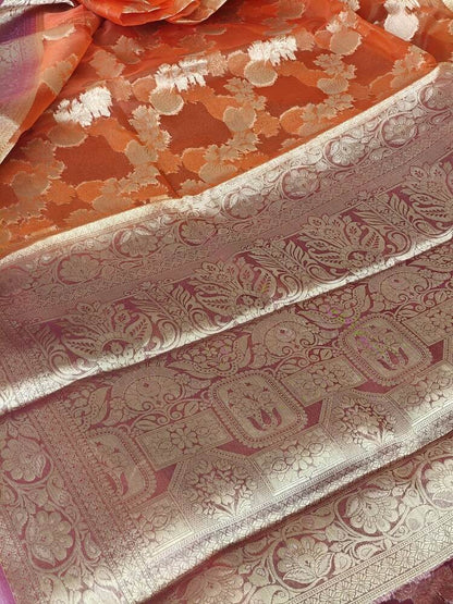 ORANGE LEHARIYA CONTRAST BORDER BANARASI ORGANZA SAREE