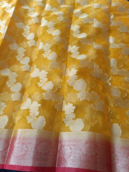 YELLOW LEHARIYA CONTRAST BORDER BANARASI ORGANZA SAREE