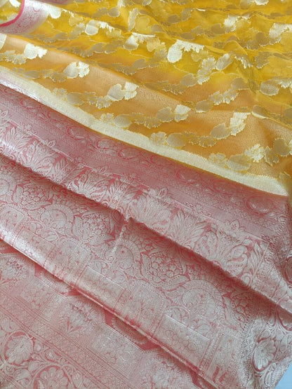 YELLOW LEHARIYA CONTRAST BORDER BANARASI ORGANZA SAREE