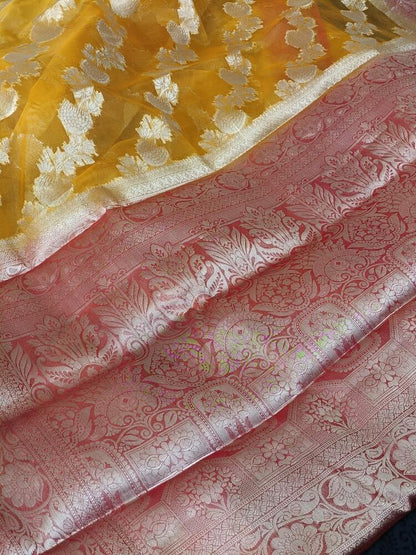 YELLOW LEHARIYA CONTRAST BORDER BANARASI ORGANZA SAREE