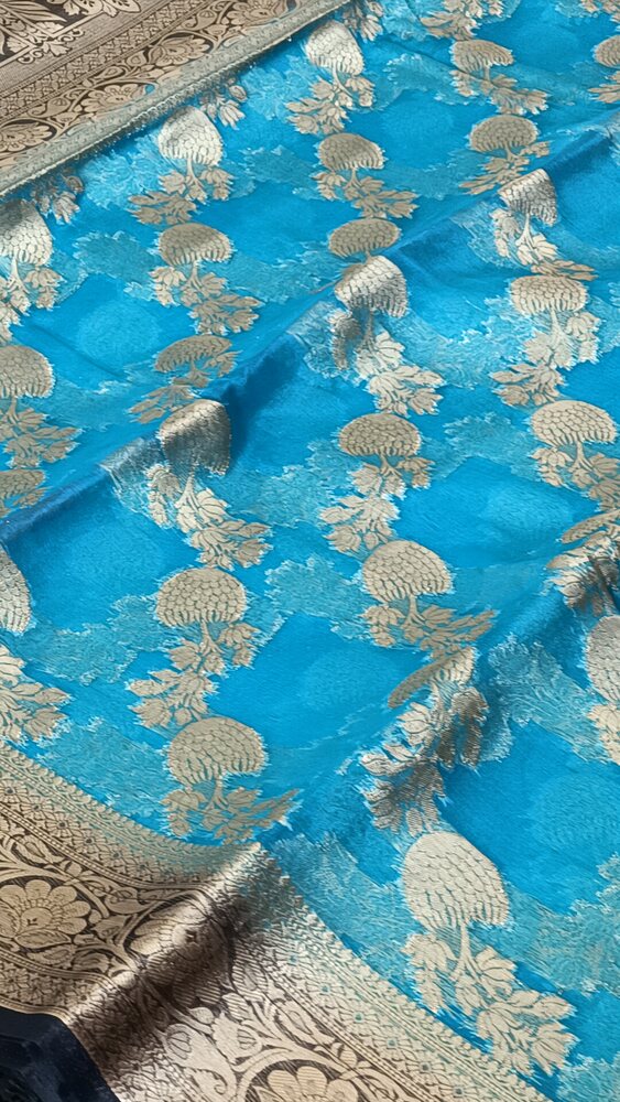 SEA BLUE LEHARIYA CONTRAST BORDER BANARASI ORGANZA SAREE