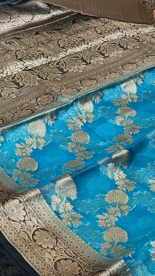 SEA BLUE LEHARIYA CONTRAST BORDER BANARASI ORGANZA SAREE