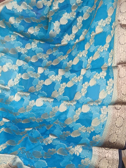 SEA BLUE LEHARIYA CONTRAST BORDER BANARASI ORGANZA SAREE