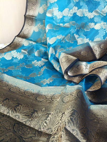 SEA BLUE LEHARIYA CONTRAST BORDER BANARASI ORGANZA SAREE