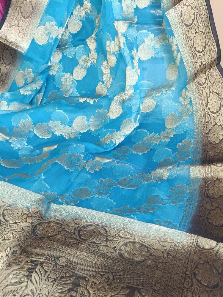 SEA BLUE LEHARIYA CONTRAST BORDER BANARASI ORGANZA SAREE