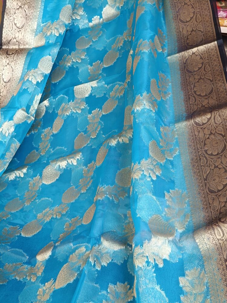 SEA BLUE LEHARIYA CONTRAST BORDER BANARASI ORGANZA SAREE