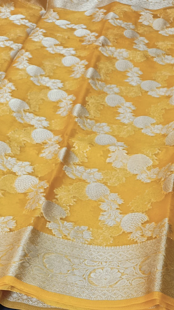 YELLOW LEHARIYA SAME BORDER BANARASI ORGANZA SAREE