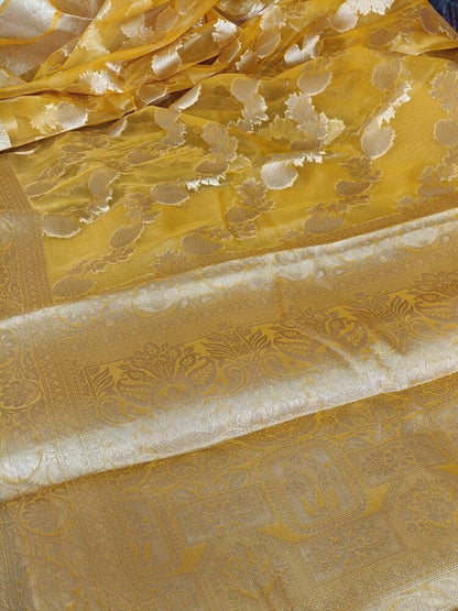 YELLOW LEHARIYA SAME BORDER BANARASI ORGANZA SAREE