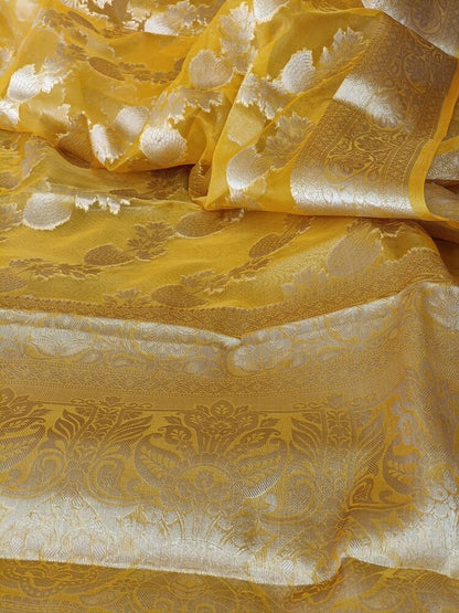 YELLOW LEHARIYA SAME BORDER BANARASI ORGANZA SAREE