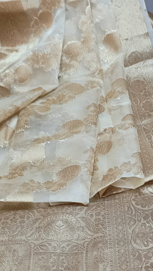 OFF WHITE LEHARIYA SAME BORDER BANARASI ORGANZA SAREE