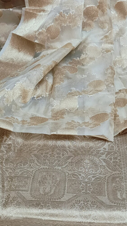 OFF WHITE LEHARIYA SAME BORDER BANARASI ORGANZA SAREE