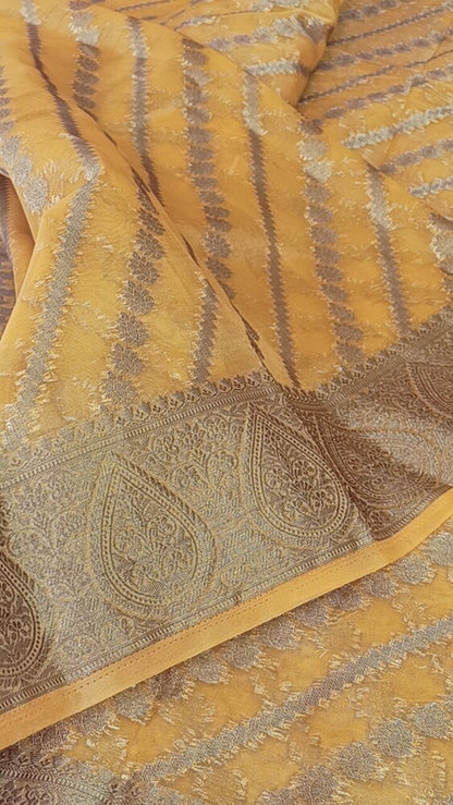 MUSTARD YELLOW LEHARIYA BANARASI ORGANZA SAREE