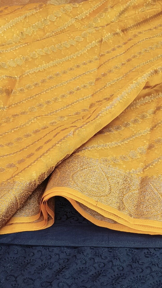 MUSTARD YELLOW LEHARIYA BANARASI ORGANZA SAREE