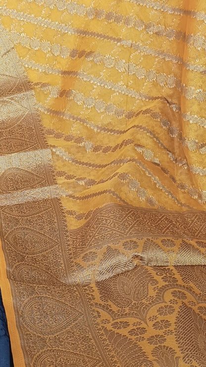 MUSTARD YELLOW LEHARIYA BANARASI ORGANZA SAREE