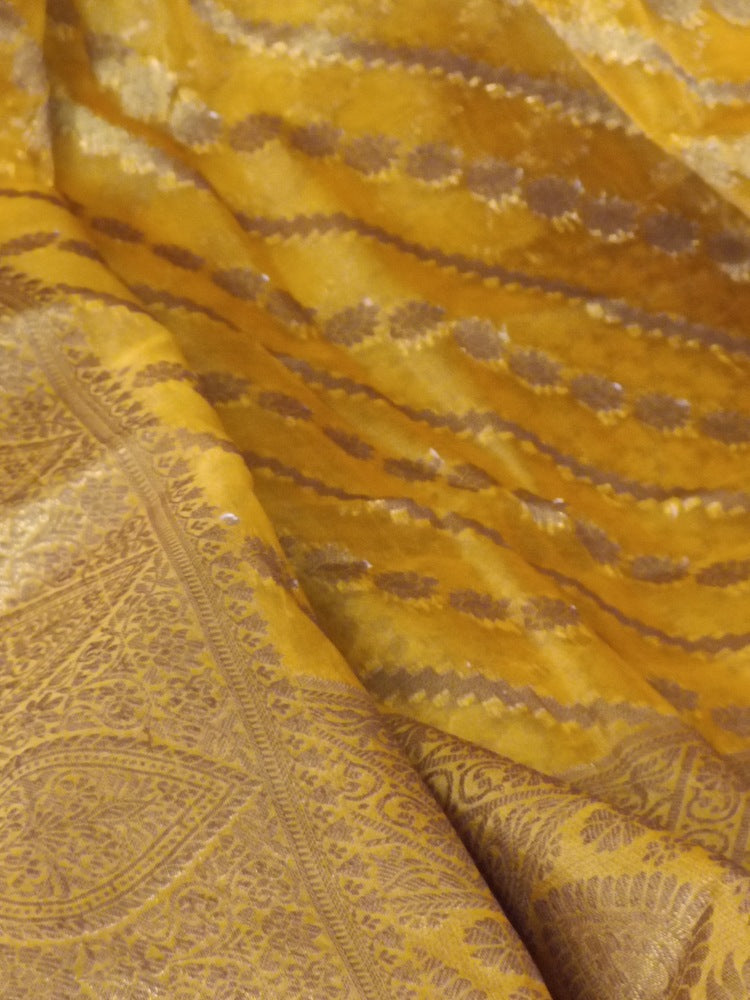 MUSTARD YELLOW LEHARIYA BANARASI ORGANZA SAREE