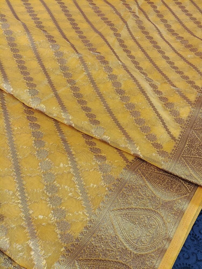 MUSTARD YELLOW LEHARIYA BANARASI ORGANZA SAREE