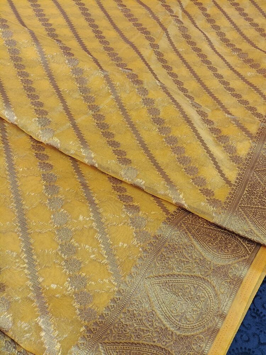 MUSTARD YELLOW LEHARIYA BANARASI ORGANZA SAREE