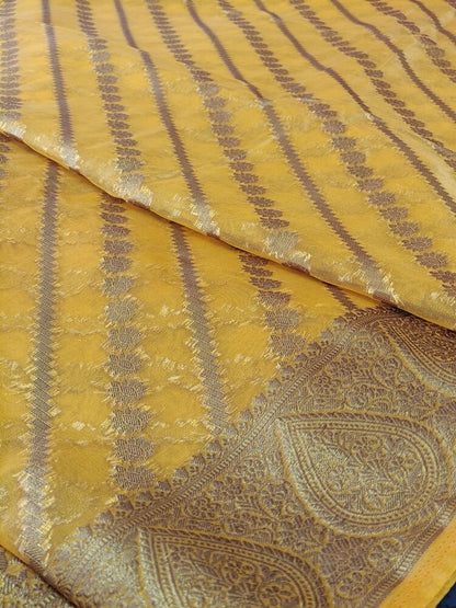 MUSTARD YELLOW LEHARIYA BANARASI ORGANZA SAREE