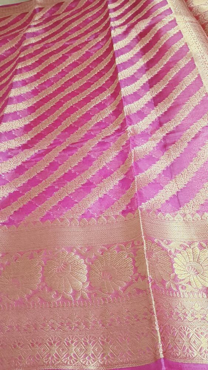 MAGENTA LEHARIYA RESHAM BORDER BANARASI ORGANZA SAREE