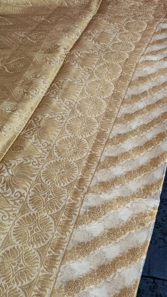 WHITE LEHARIYA SMALL BORDER BANARASI ORGANZA SAREE