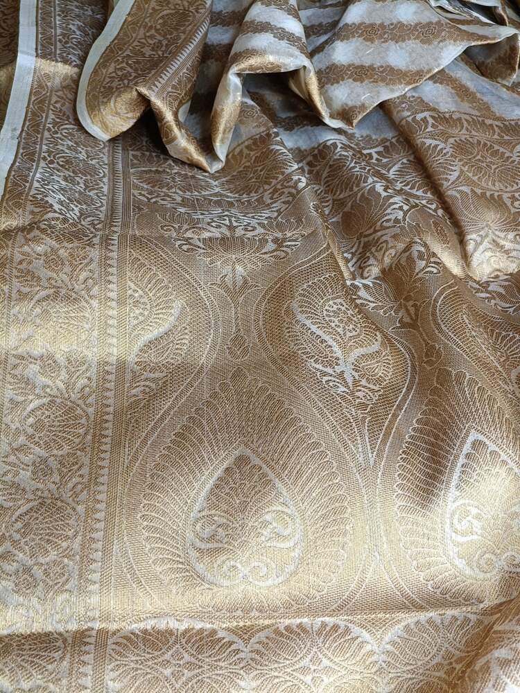 WHITE LEHARIYA SMALL BORDER BANARASI ORGANZA SAREE