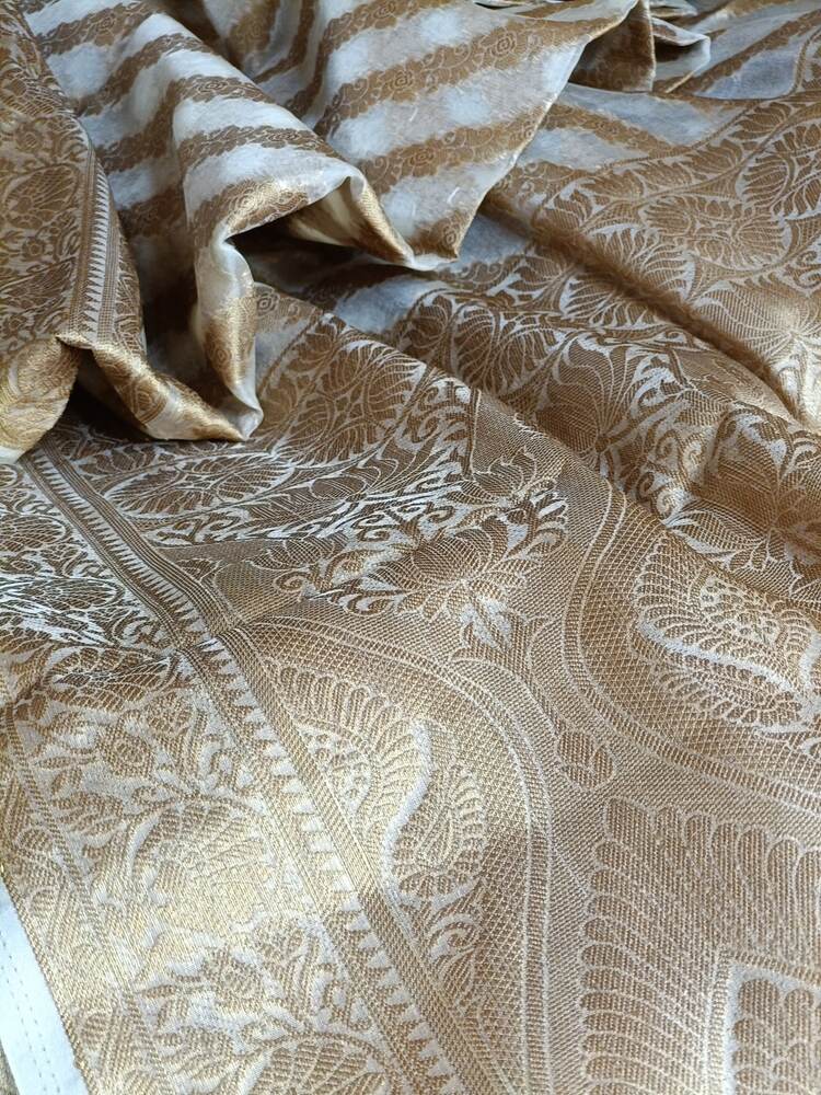 WHITE LEHARIYA SMALL BORDER BANARASI ORGANZA SAREE