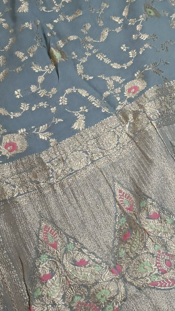 GREY MEENAKARI FLORAL JAAL PURE BANARASI KHADDI GEORGETTE SAREE