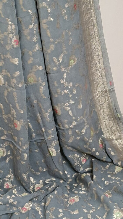 GREY MEENAKARI FLORAL JAAL PURE BANARASI KHADDI GEORGETTE SAREE