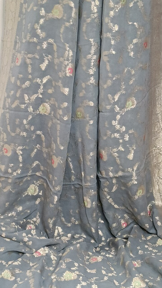 GREY MEENAKARI FLORAL JAAL PURE BANARASI KHADDI GEORGETTE SAREE