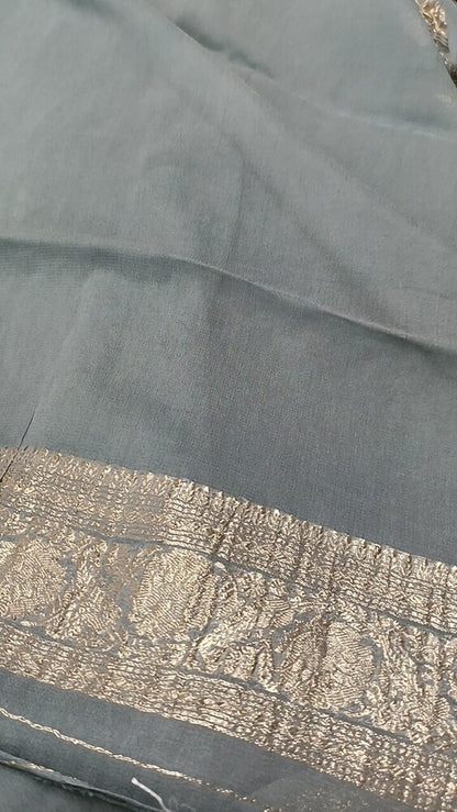 GREY MEENAKARI FLORAL JAAL PURE BANARASI KHADDI GEORGETTE SAREE