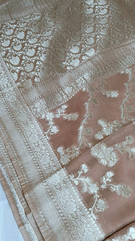 SKIN BROWN FLORAL JAAL PURE BANARASI KHADDI GEORGETTE SAREE