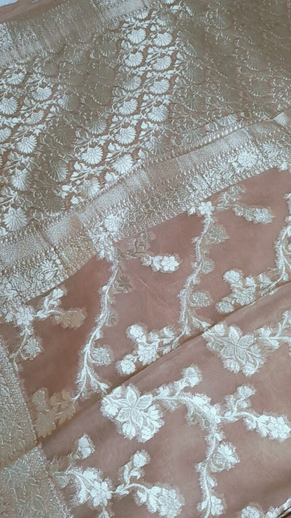 SKIN BROWN FLORAL JAAL PURE BANARASI KHADDI GEORGETTE SAREE