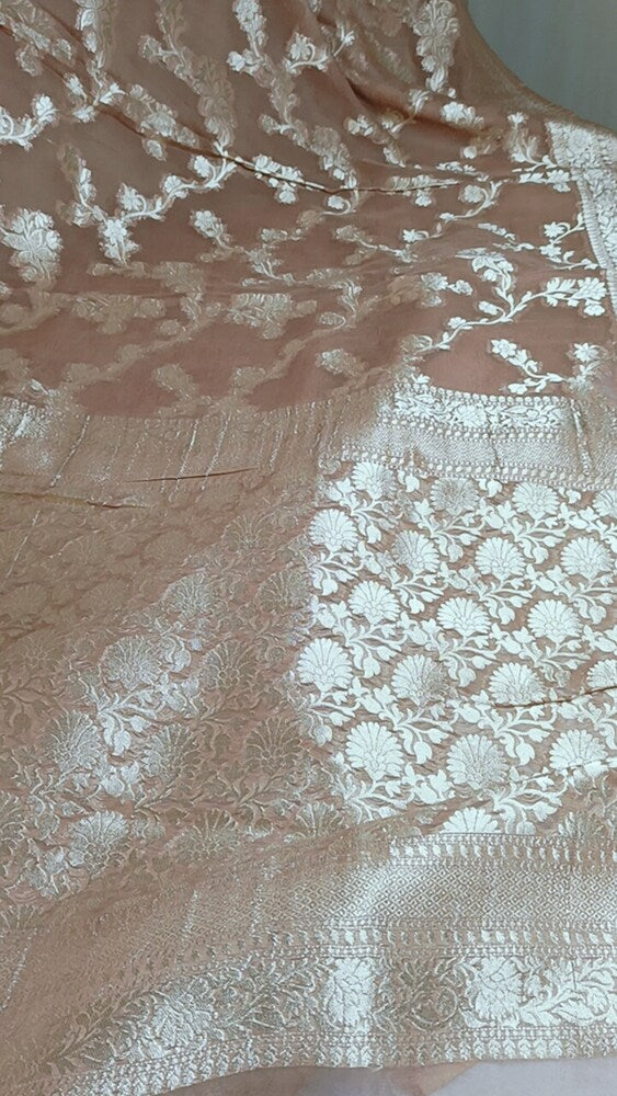 SKIN BROWN FLORAL JAAL PURE BANARASI KHADDI GEORGETTE SAREE