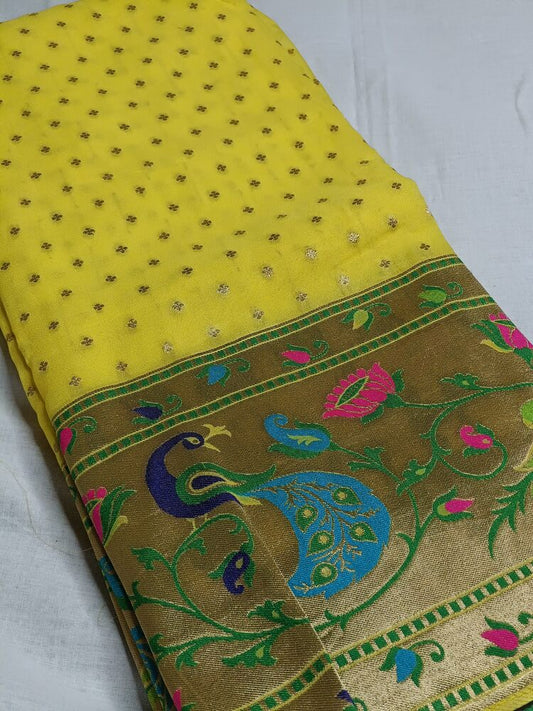 LEMON YELLOW PAITHANI BUTI PURE BANARASI KHADDI GEORGETTE SAREE