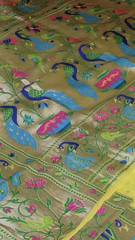 LEMON YELLOW PAITHANI BUTI PURE BANARASI KHADDI GEORGETTE SAREE