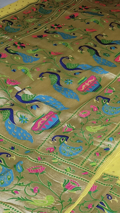 LEMON YELLOW PAITHANI BUTI PURE BANARASI KHADDI GEORGETTE SAREE