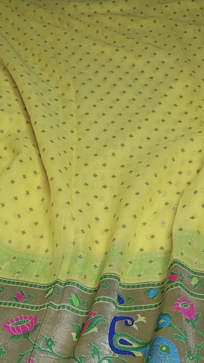 LEMON YELLOW PAITHANI BUTI PURE BANARASI KHADDI GEORGETTE SAREE