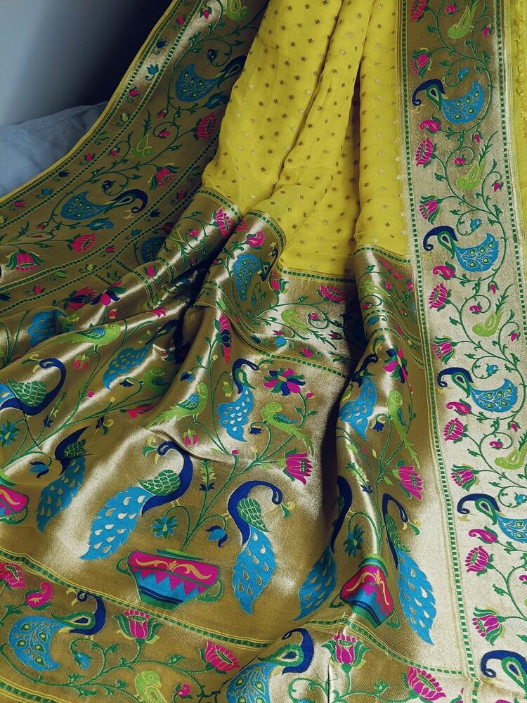 LEMON YELLOW PAITHANI BUTI PURE BANARASI KHADDI GEORGETTE SAREE