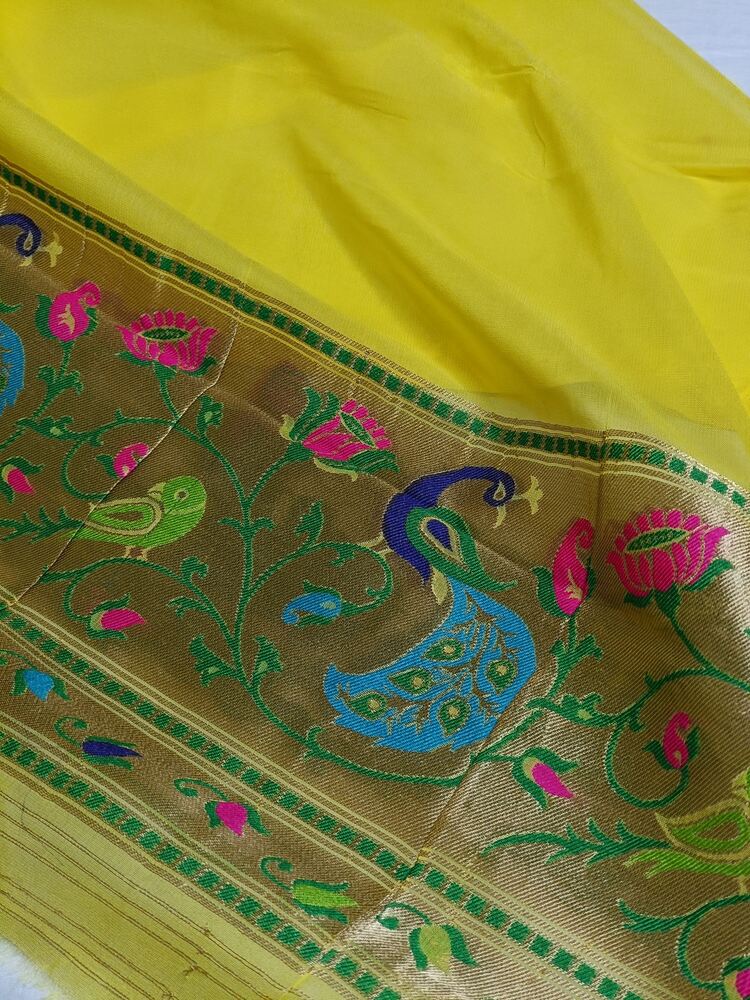 LEMON YELLOW PAITHANI BUTI PURE BANARASI KHADDI GEORGETTE SAREE